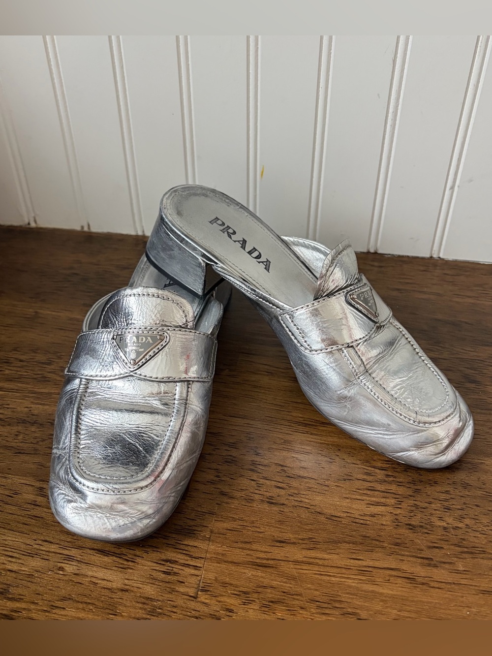 PRADA Silver Metallic Leather Mules Loafer Slides size 7 37.5 - Picture 3 of 12